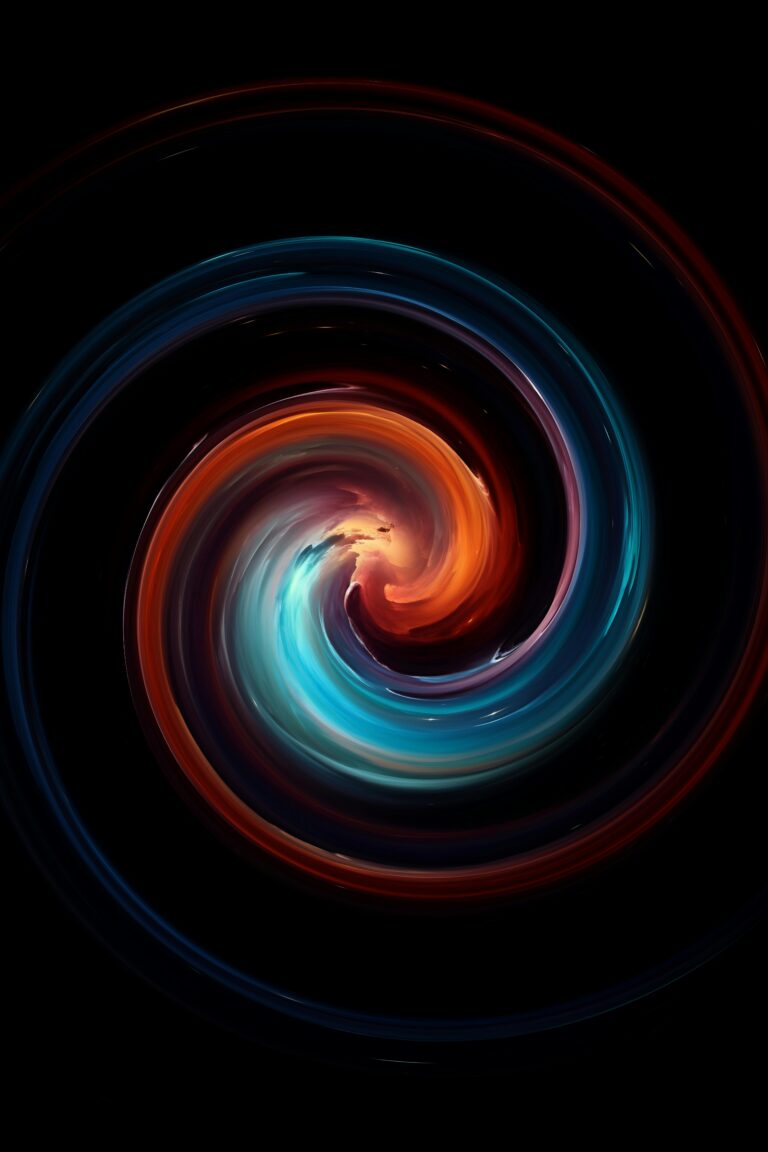 A glowing spiral of orange and blue light on black